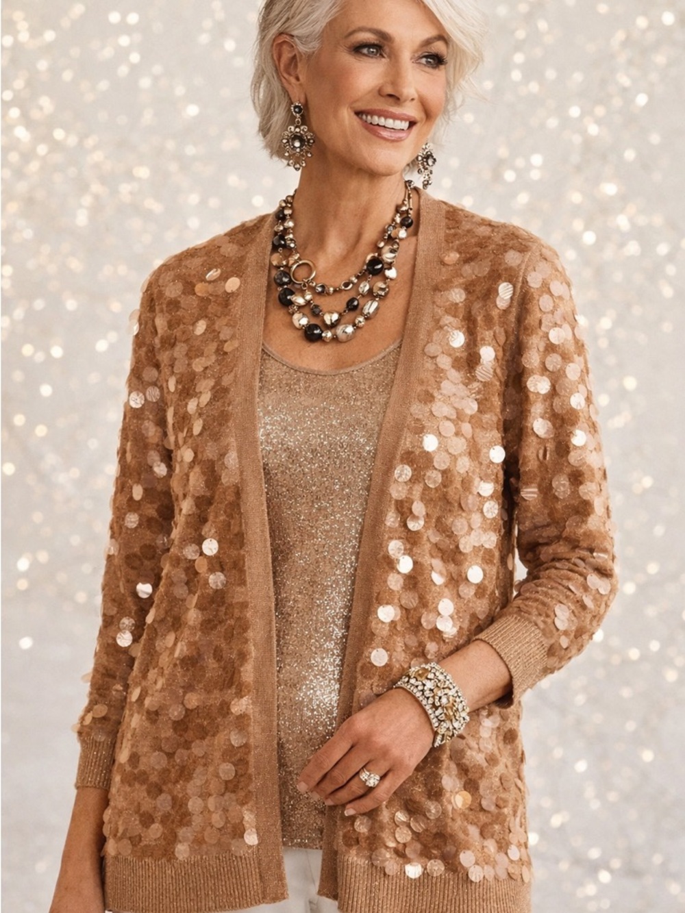 Chico's Sequin Cardigan Sweater Camel Open Front Holiday Glam | Size‎ 1
